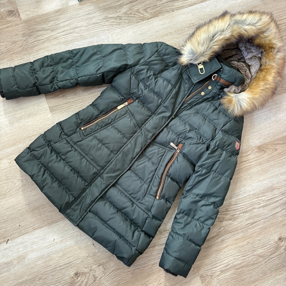 Vince Camuto Womens‎ Forest Green Faux Fur Trim Hooded Puffer Coat Jacket Small